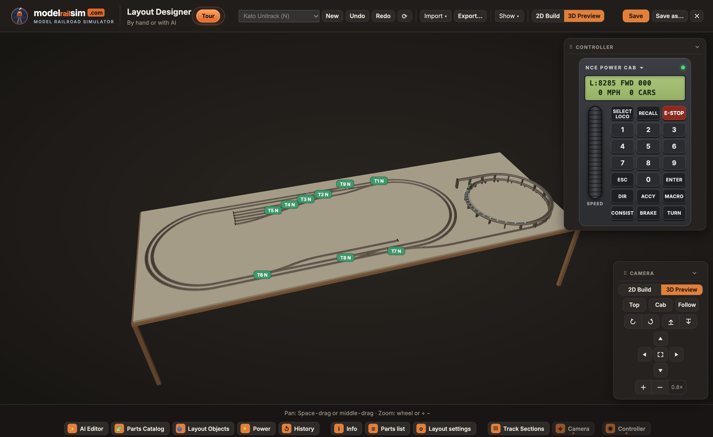 The 3D Preview: the double-track oval on its table with the yard, the spur and a helix climbing on its piers to an upper level, the Power Cab and the Camera card beside it.