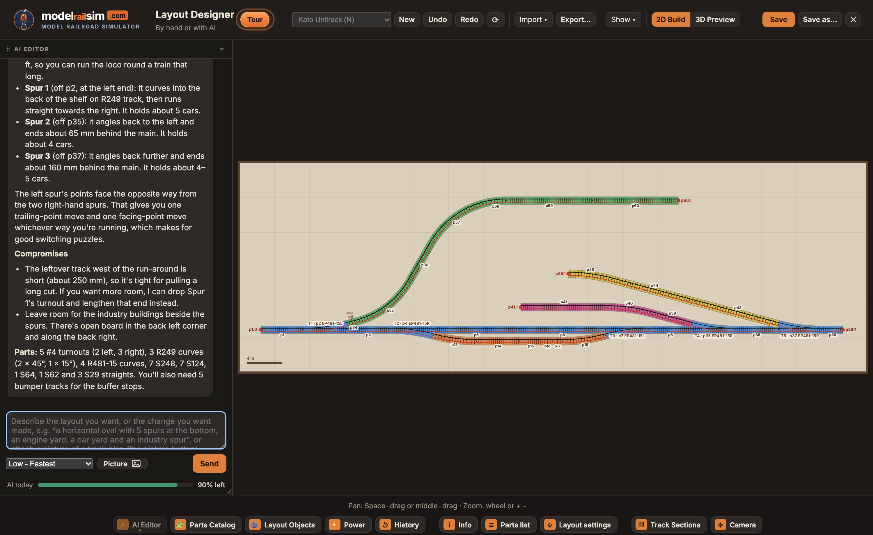 The AI Editor beside a shelf switching layout it built in Kato Unitrack: a run-around siding and three industry spurs.
