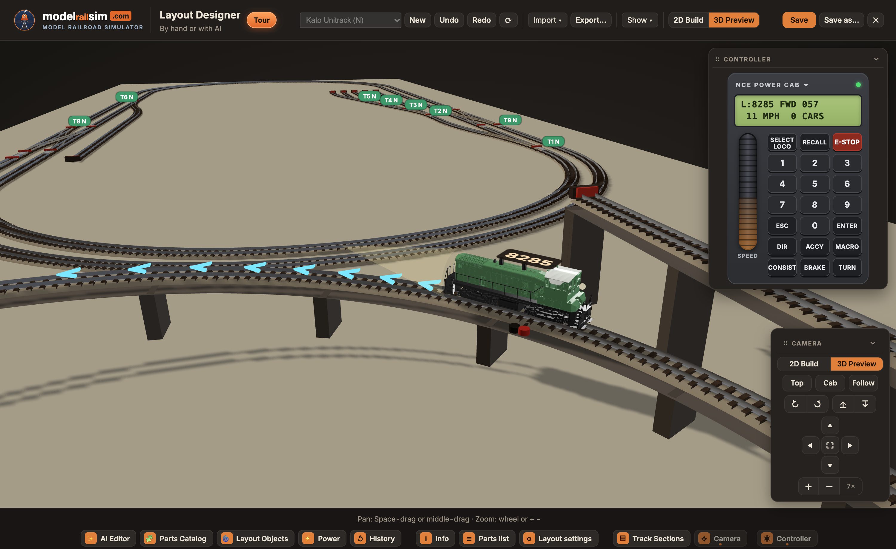 Follow: the camera keeps the running train in view as it rounds the oval.