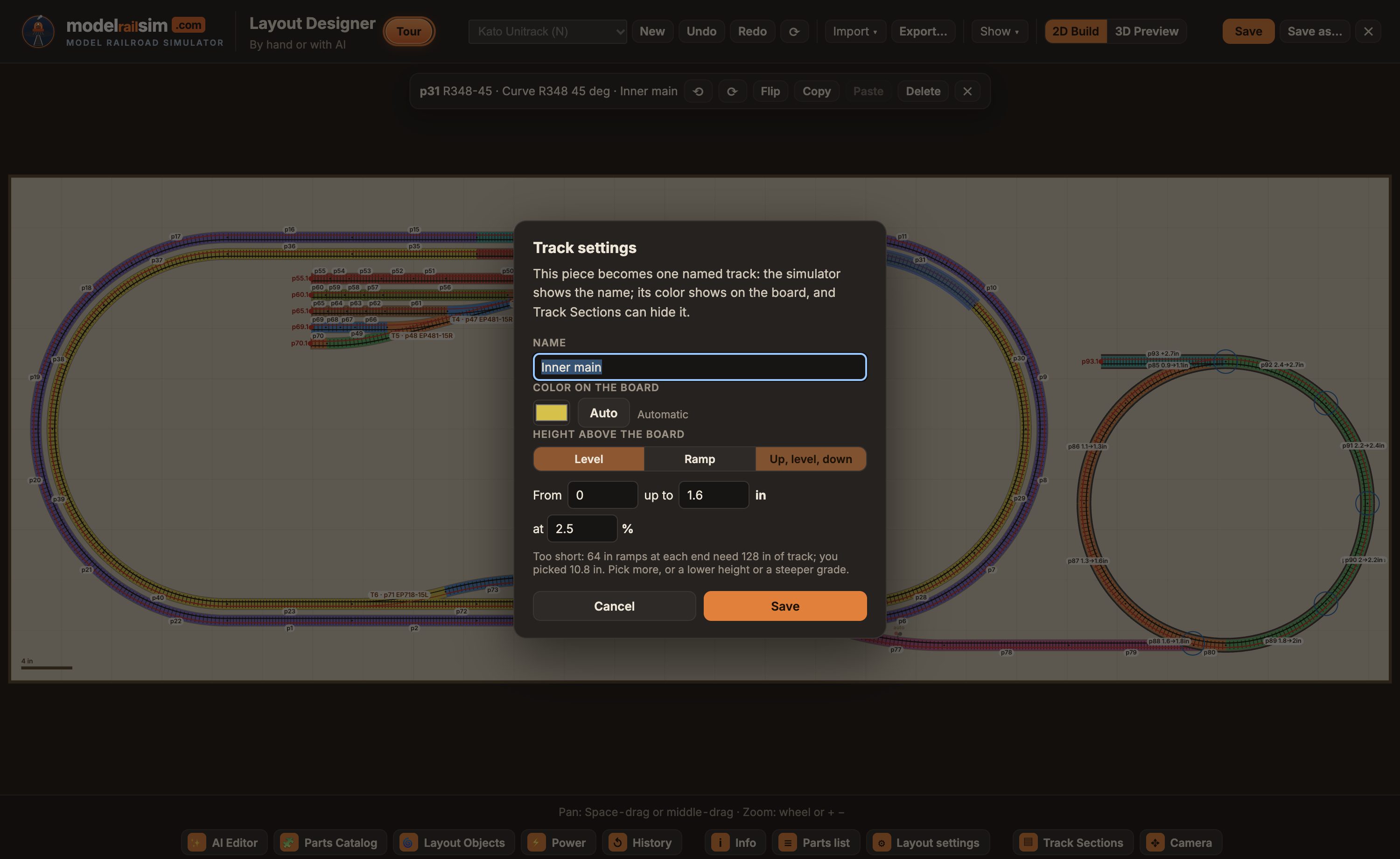 The Track settings dialog: the track's name, its color, and its height shape set to Up, level, down at a chosen grade.