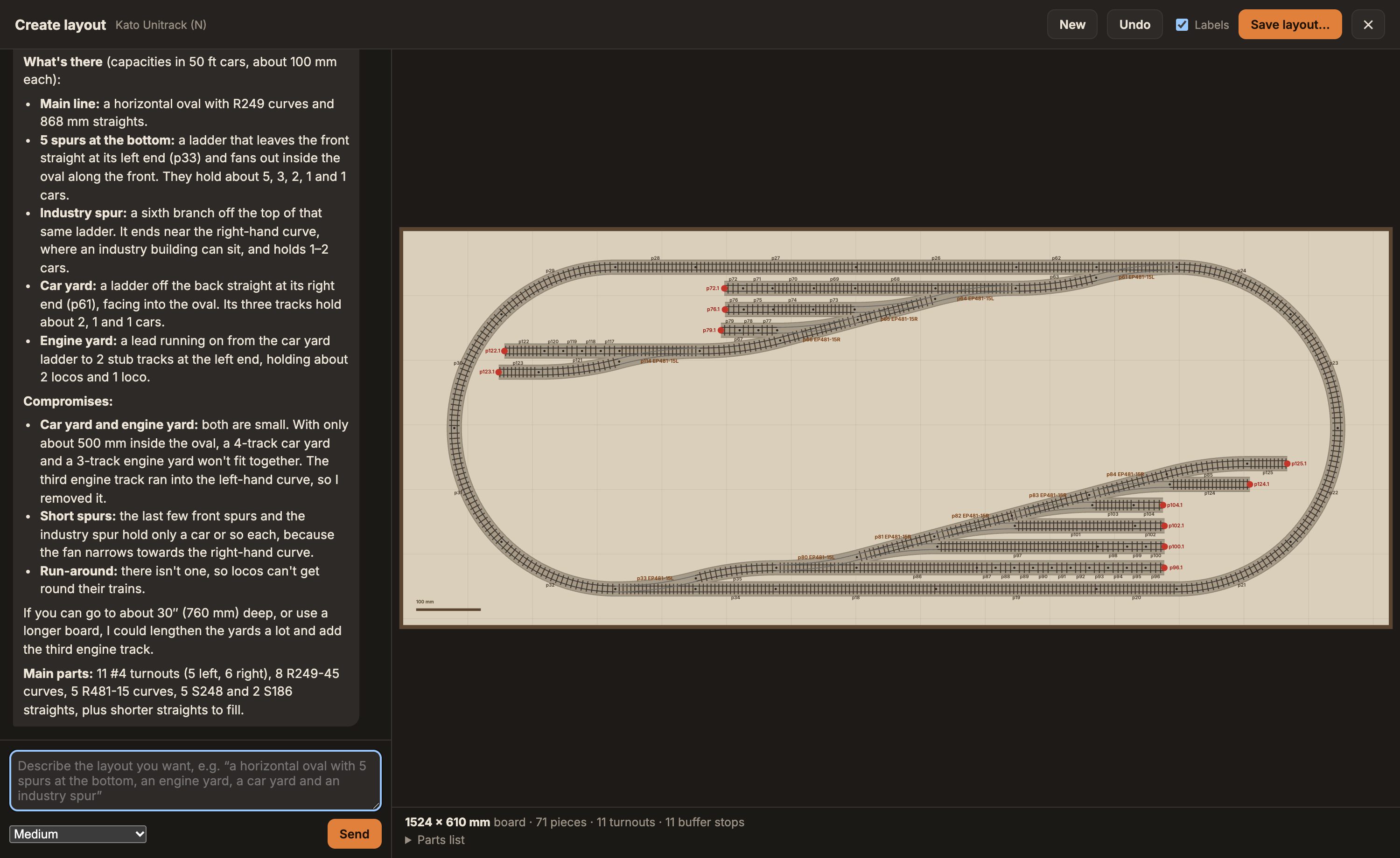 The Create layout screen: a chat with the AI on the left and the track plan it built on the right.