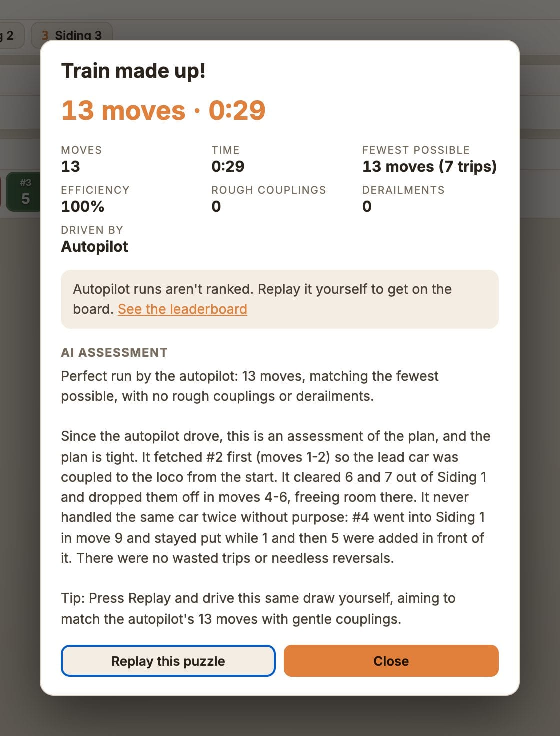 The finish summary of a puzzle