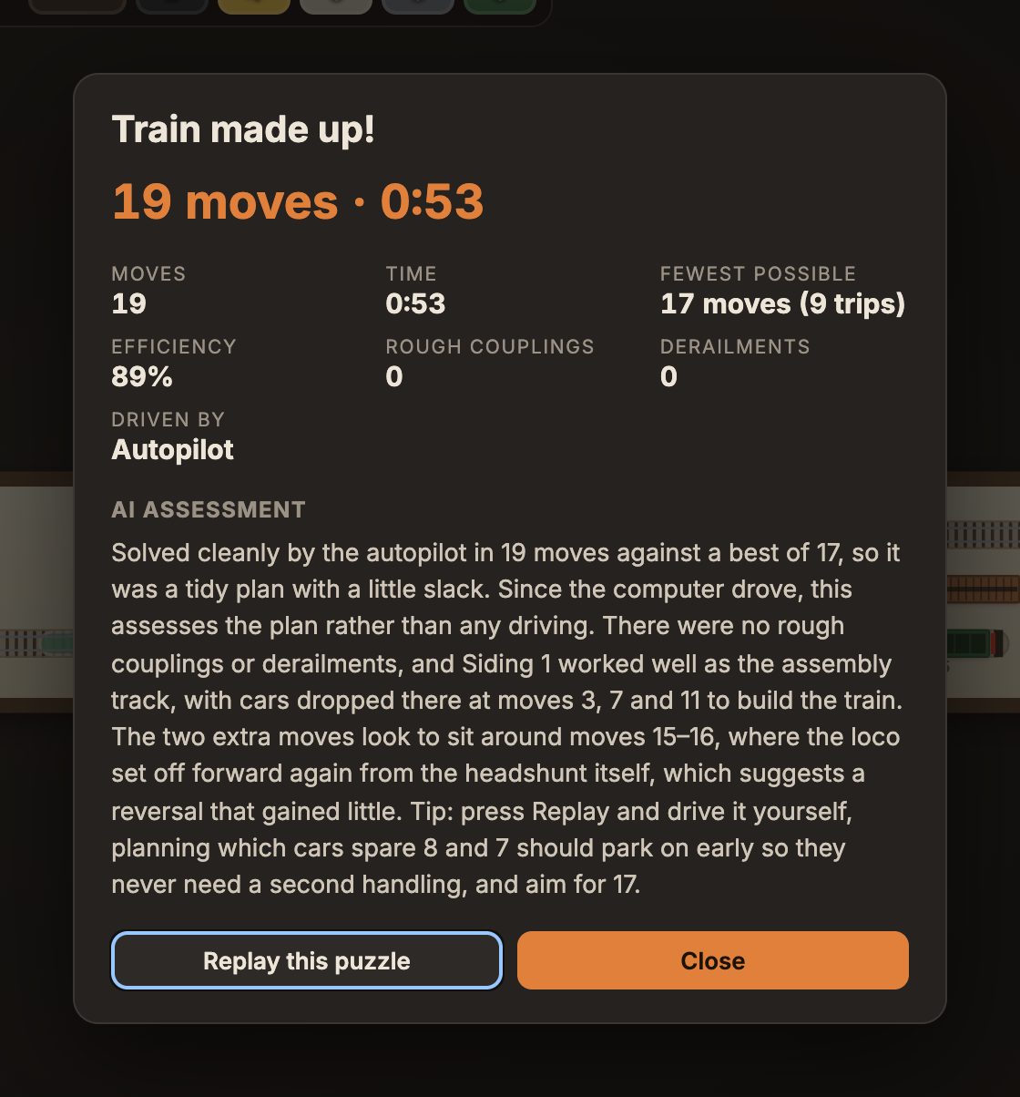 The end-of-puzzle summary: moves and time, the fewest possible, efficiency, and a written AI assessment of the run.