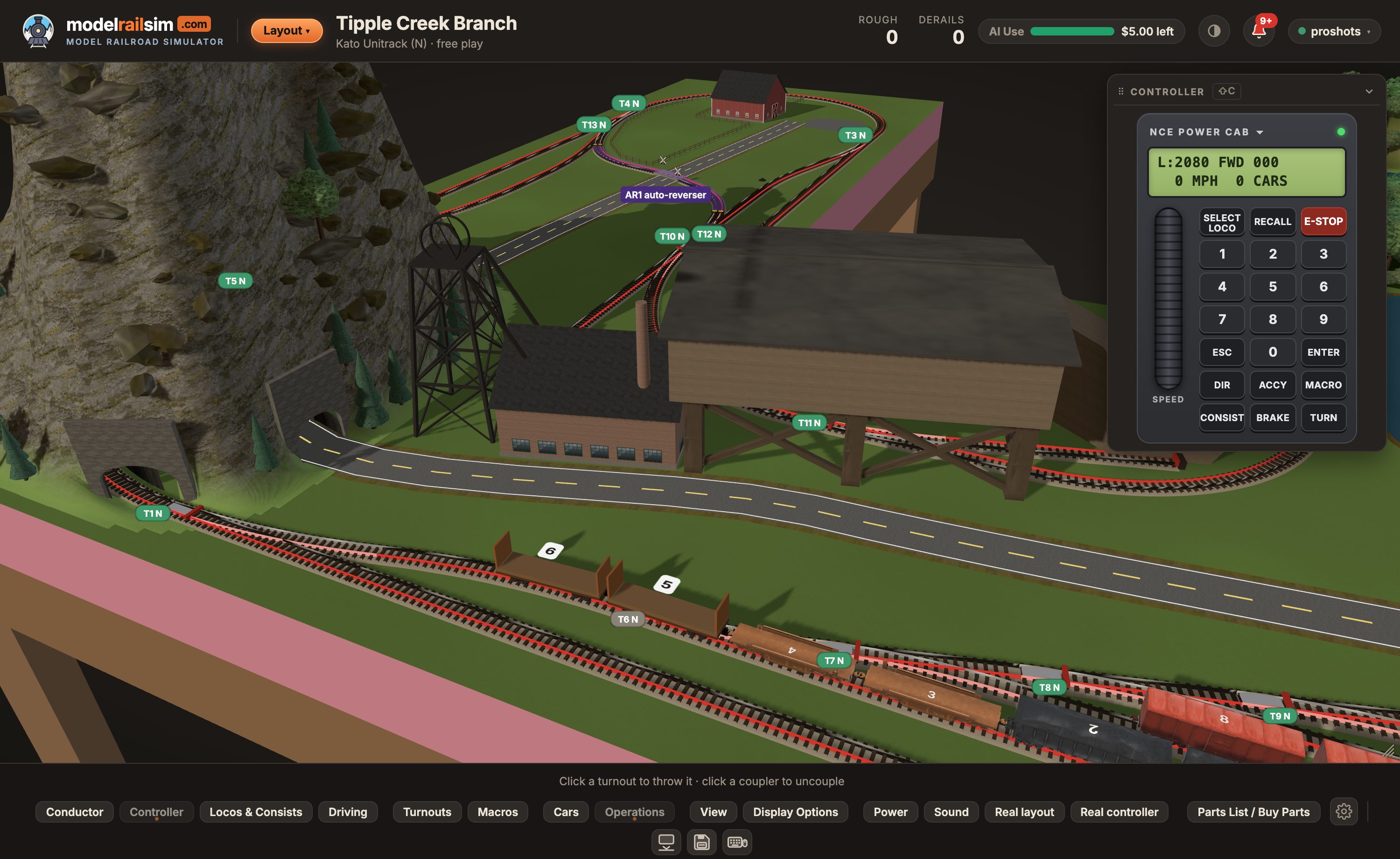 Tipple Creek Branch in 3D during a session: the coal mine, its headframe and the tipple below the mountain, with gondolas and hoppers in the yard waiting to be worked.