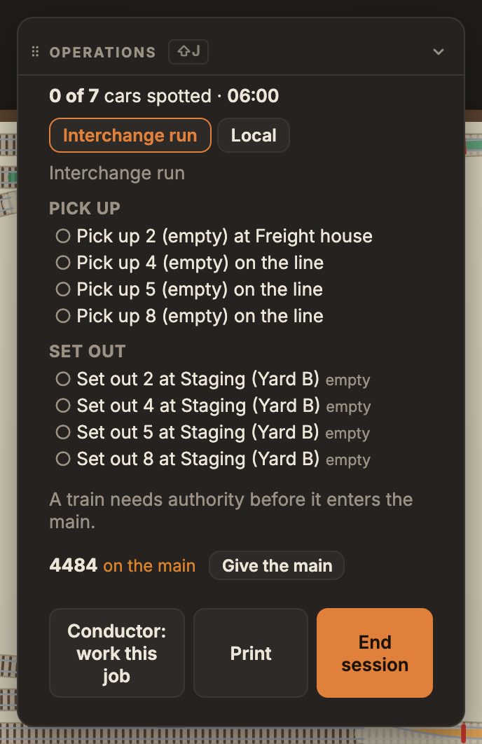 The Operations card: 0 of 7 cars spotted at 06:00, tabs for the Interchange run and the Local, the pick-ups and set-outs, the dispatcher's line for loco 6434 on the main, and buttons for the Conductor, Print and End session.