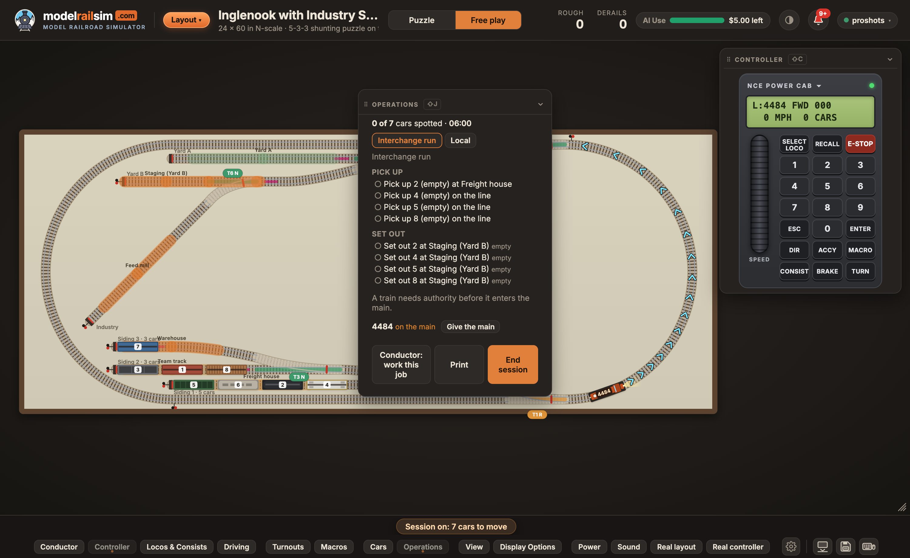 An operating session on the Industry Spur layout: the Operations card's switch list for the Interchange run, with cars to pick up at the warehouse and team track and set out in staging, the places marked on the board and the fast clock at 06:00.