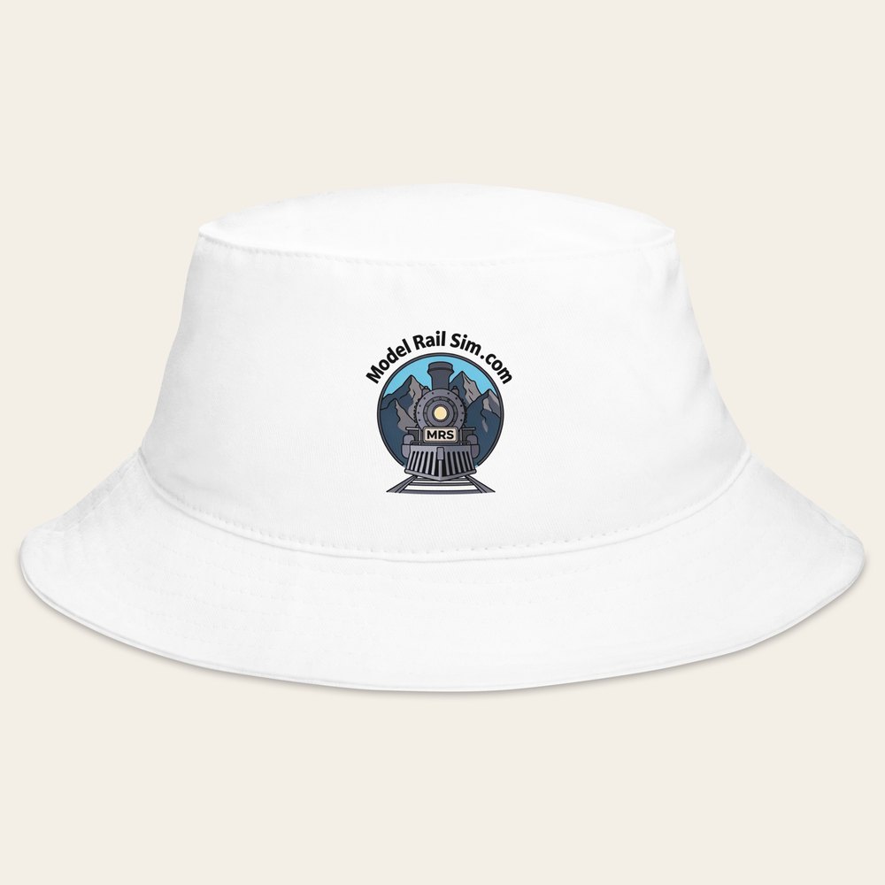 A white bucket hat with the modelrailsim locomotive embroidered on the front