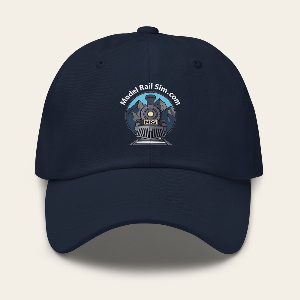 A navy classic dad hat with the modelrailsim locomotive embroidered on the front
