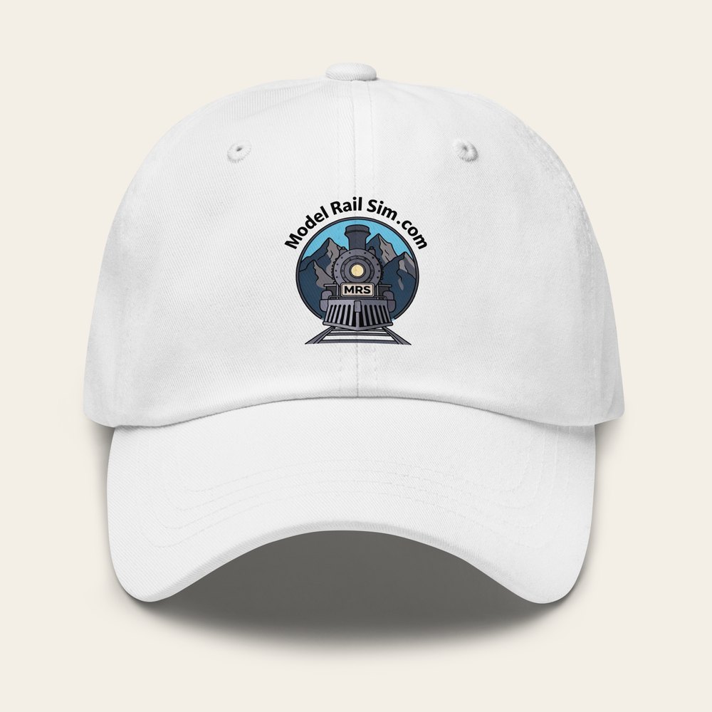 A white classic dad hat with the modelrailsim locomotive embroidered on the front