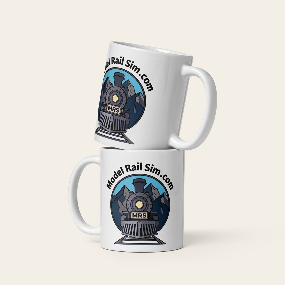 An 11 oz white glossy mug with the modelrailsim locomotive illustration