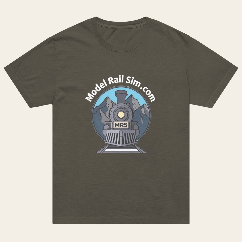 A washed charcoal heavyweight T-shirt with the modelrailsim locomotive illustration