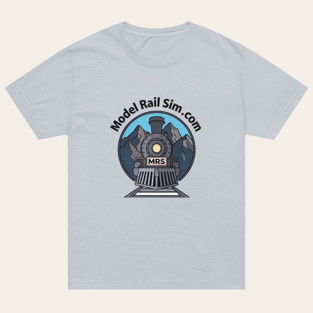 A light washed denim heavyweight T-shirt with the modelrailsim locomotive illustration