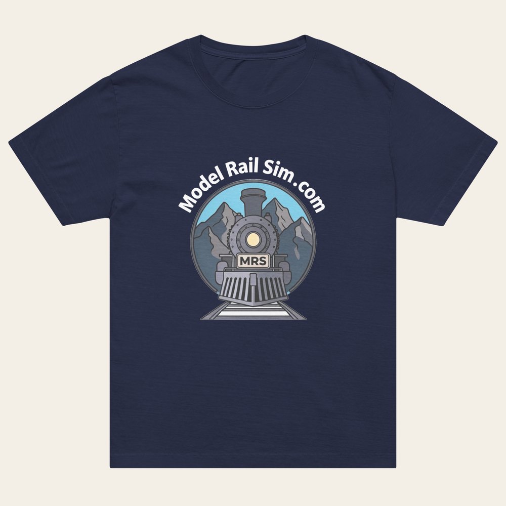A navy heavyweight T-shirt with the modelrailsim locomotive illustration
