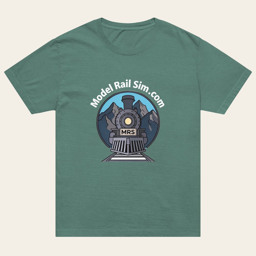 A washed pine heavyweight T-shirt with the modelrailsim locomotive illustration