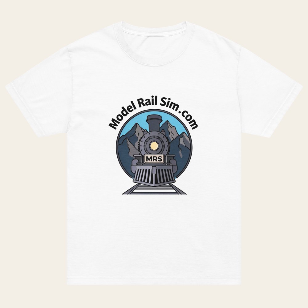 A white heavyweight T-shirt with the modelrailsim locomotive illustration